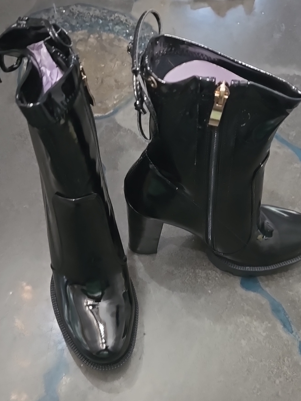Black Patent Ankle Boots with Gold Zip - Women's Fashion Heels
